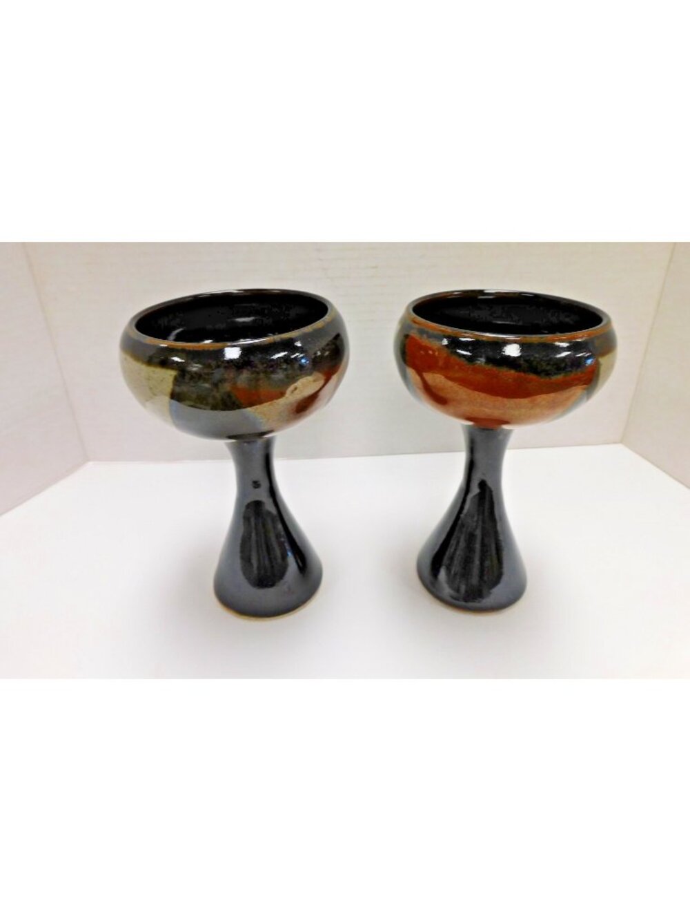 Vintage Pair Of Raku Pottery Earthtones Wine Chalice Goblets JC427